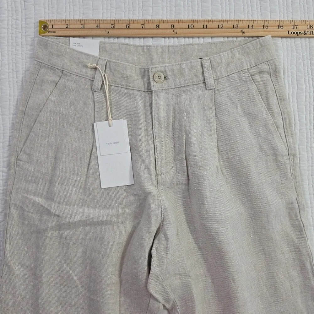 Zara 100% Linen Pants Mens 30x28 Natural Beige Pleated Chino Relaxed Fit NWT